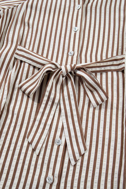 Brown Stripe Knot Waist Puff Sleeve Button Down Shirt Dress