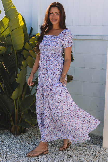 Purple Floral Off Shoulder Smocked Maxi Dress