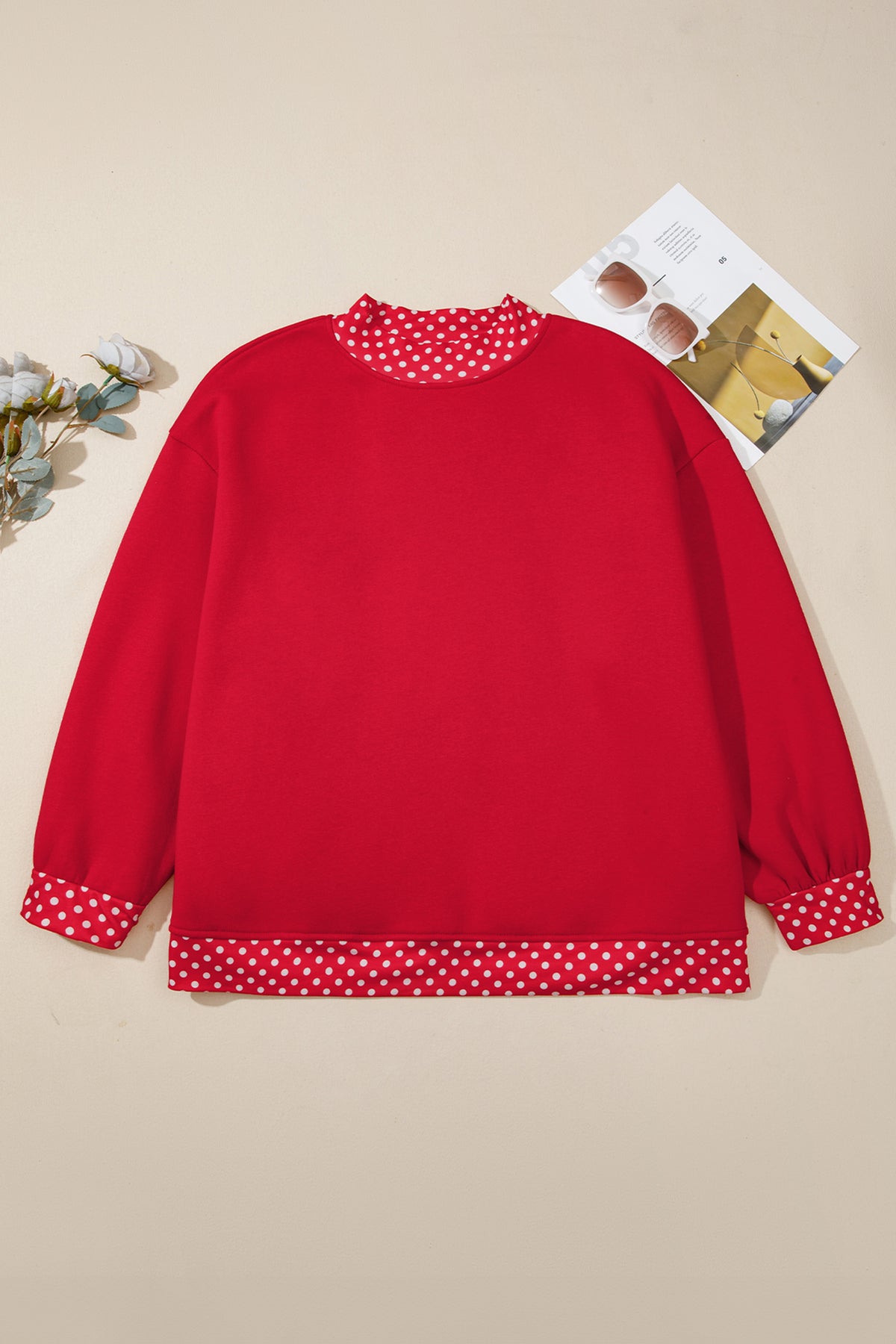 Polka Dot Trim Plus Size Crew Neck Tunic Sweatshirt