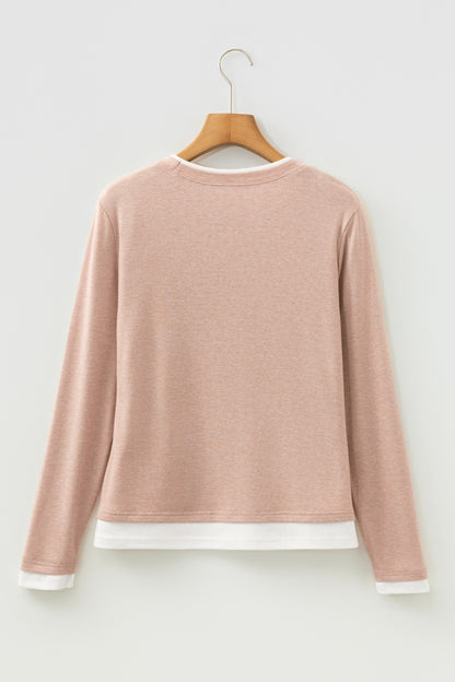 Smoke Gray Color Block False Two Piece Long Sleeve Top