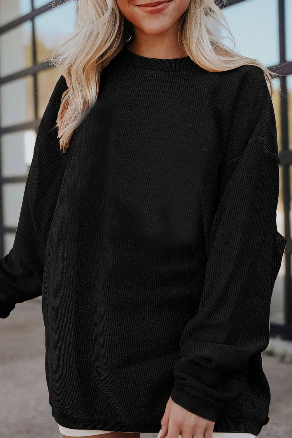 Black Ribbed Corduroy Oversized Pullover Sweatshirt