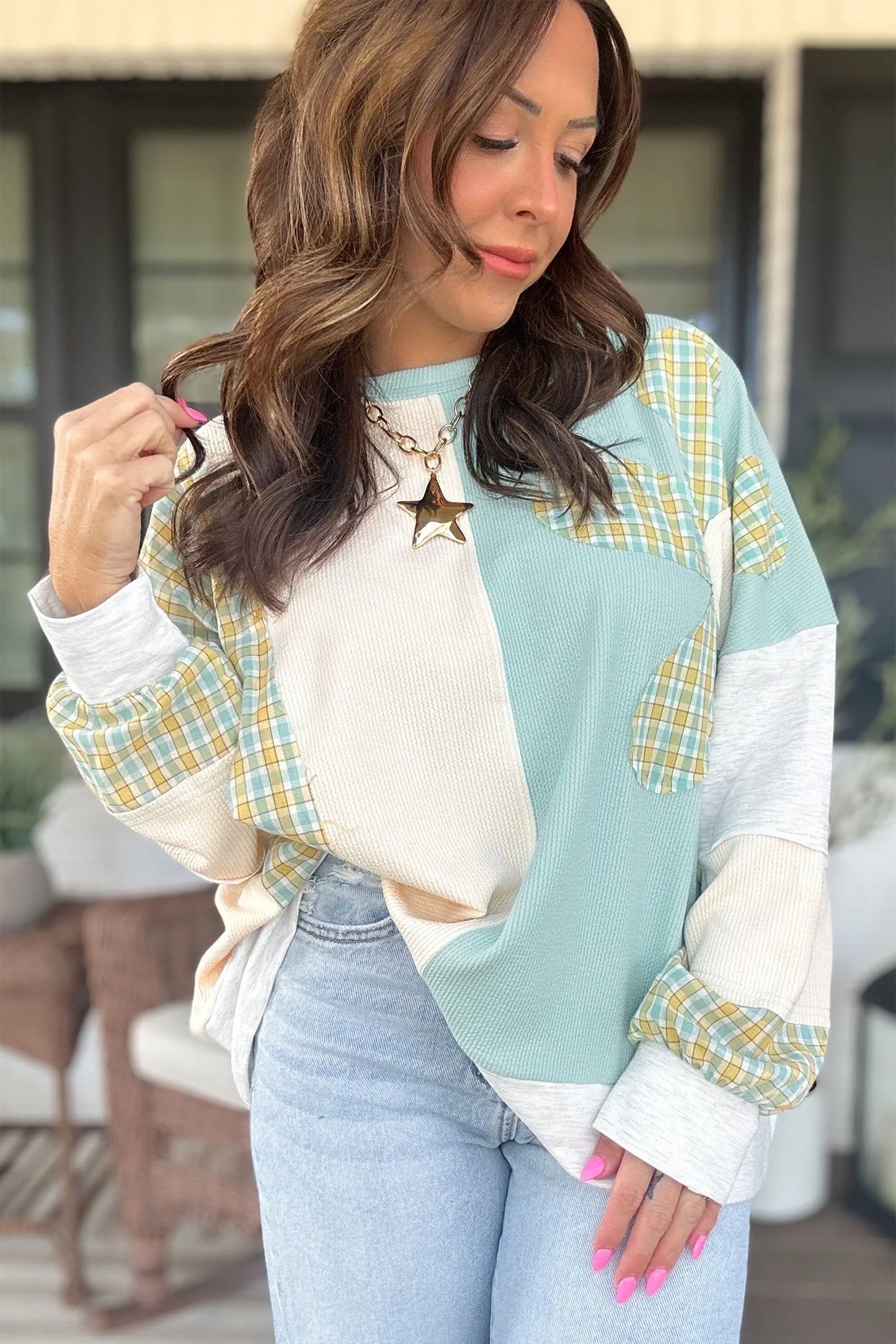 Light Blue Plaid Patchwork Colorblock Waffle Knit Top
