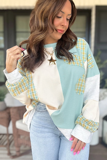 Light Blue Plaid Patchwork Colorblock Waffle Knit Top