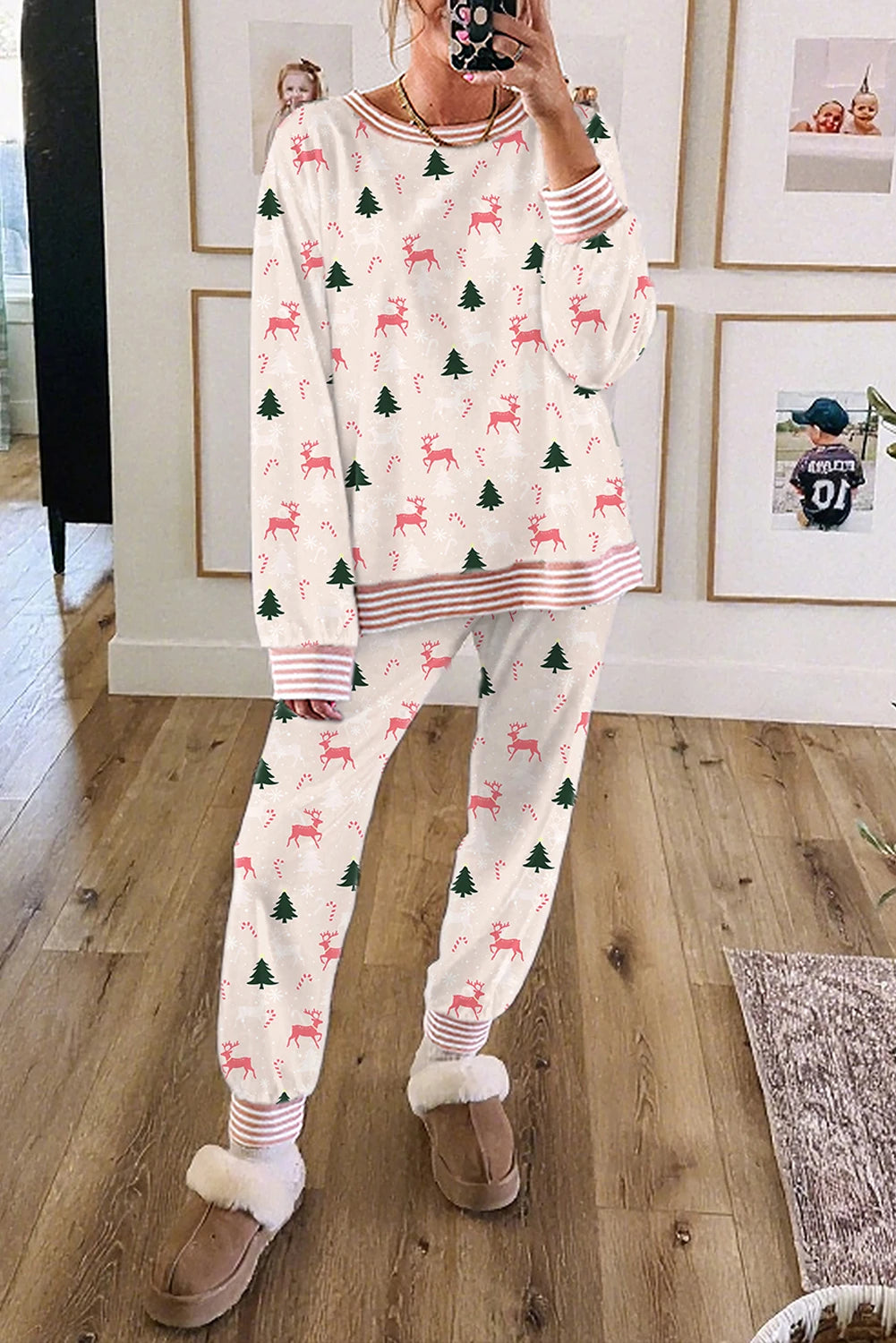 Bow Christmas Tree Print Contrast Striped Banding 2pcs Lounge Set