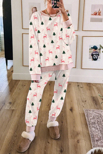 Bow Christmas Tree Print Contrast Striped Banding 2pcs Lounge Set
