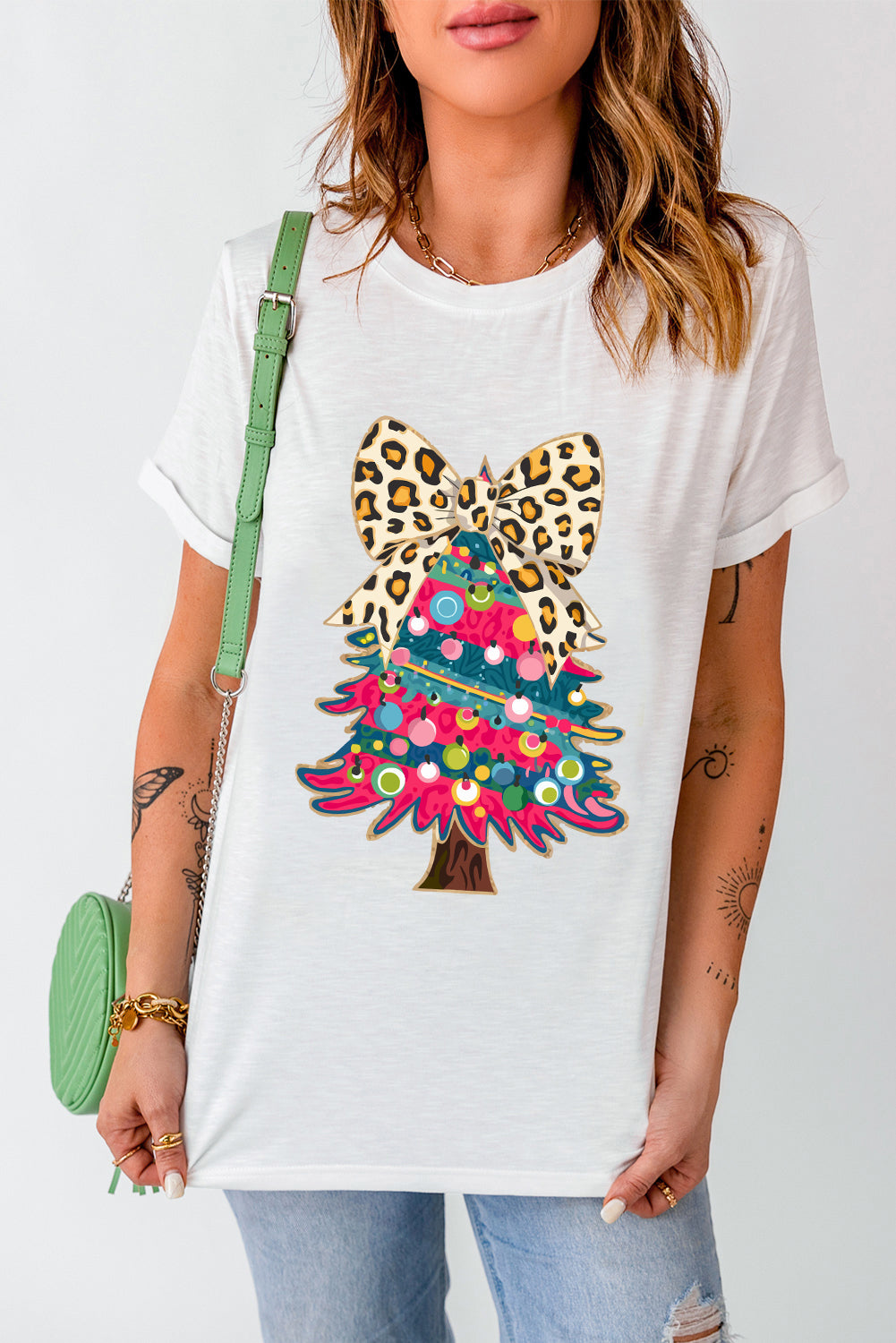 White Leopard Bow Décor Christmas Tree Graphic Crew Neck Tee