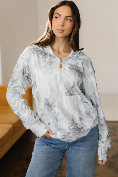 Gray Camo Leaf Print Quarter Zip Hoodie with Pocket