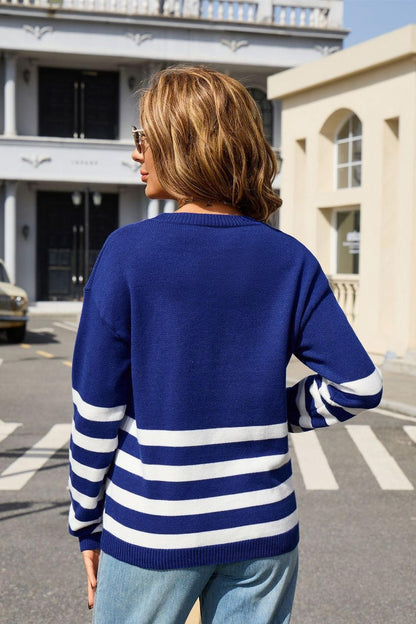 Colorblock Striped Knit Sweater – Loose Fit Pullover Top