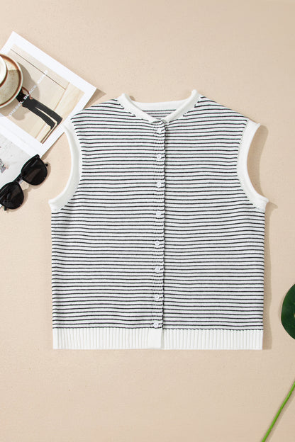 Striped Knit Cap Sleeve Button Down Casual Cardigan Top