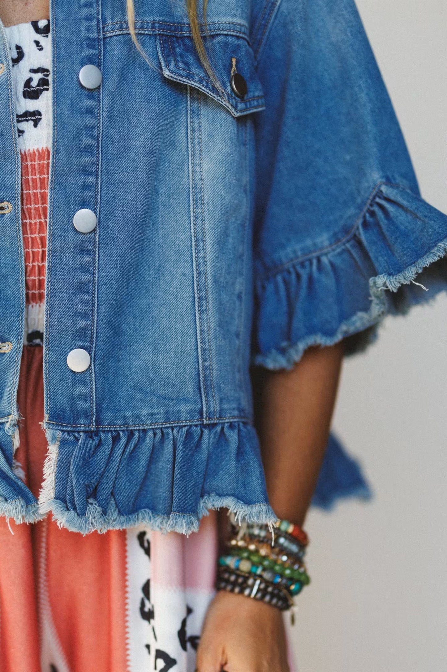 Ruffle Trim Raw Hem Half Sleeve Cropped Denim Jacket