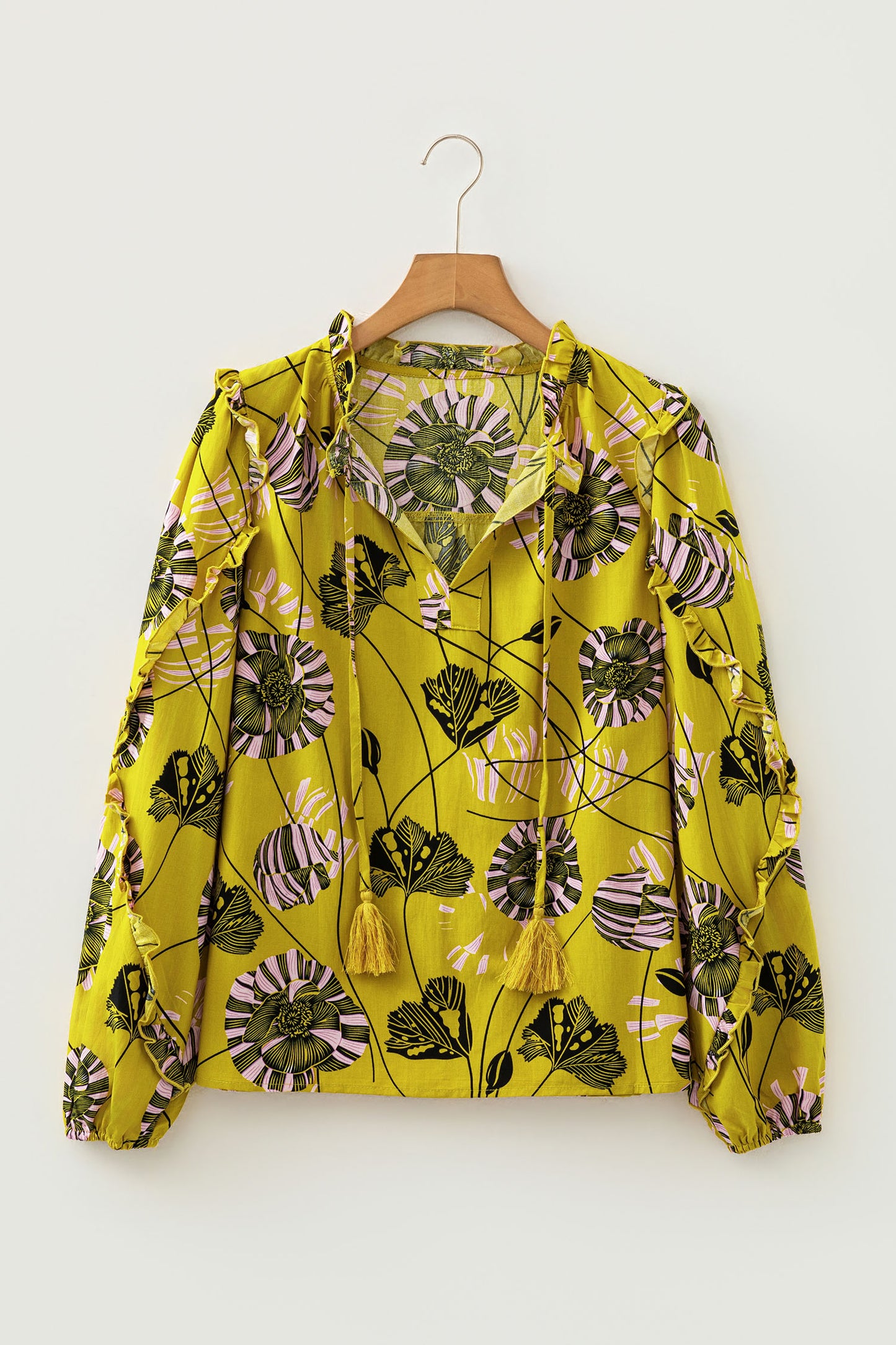 Yellow Vintage Floral V Neck Ruffle Long Sleeve Blouse