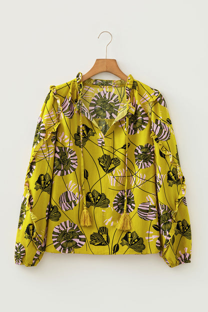 Yellow Vintage Floral V Neck Ruffle Long Sleeve Blouse