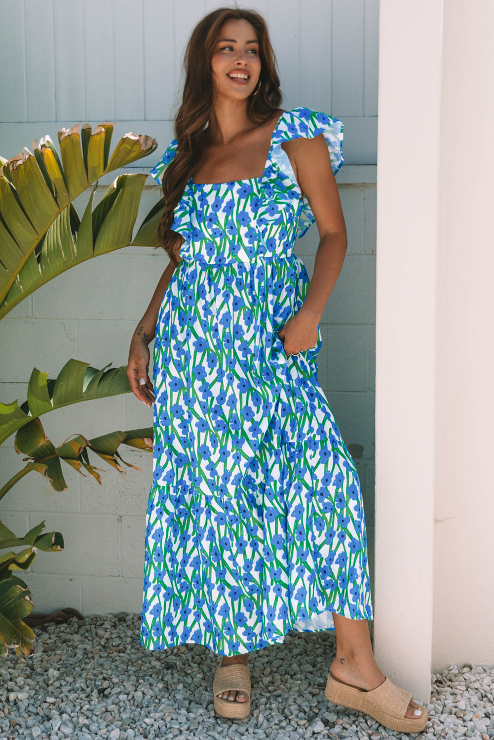 Pink Floral Square Neck Ruffle Sleeve Maxi Dress