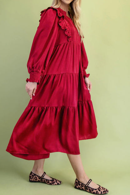 Red Ruffle V-Neck Long Sleeve Tiered Midi Dress