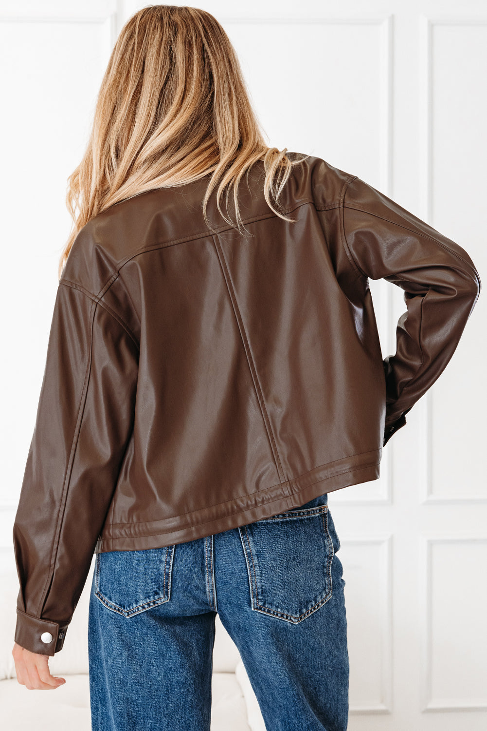 Faux Leather Utility Jacket with Pockets and Drawstring Hem