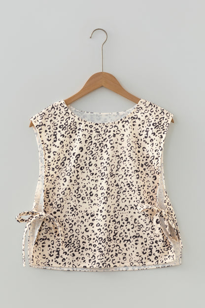 Apricot Leopard Print Side Tie Sleeveless Blouse