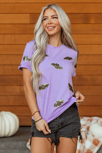 Purple Sequin Halloween Bat Graphic Casual T Shirt