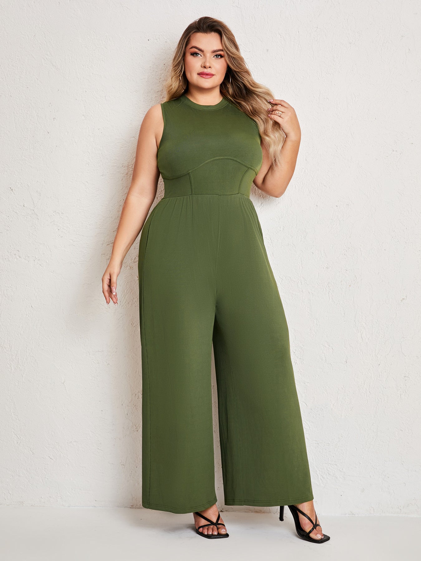 Womens Summer One Piece Sleeveless Wide Leg Pants Rompers With Pockets Plus Size