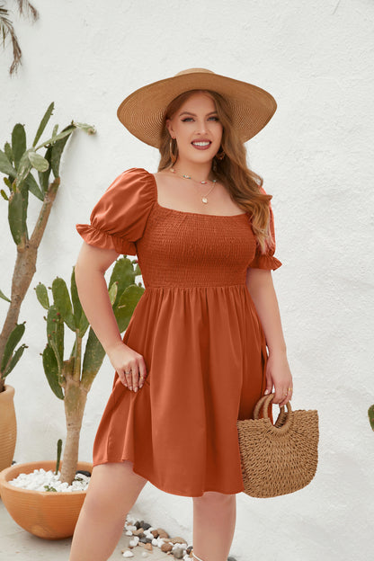 Women's Square Neck Flounce Short Sleeve Shirred Ruffle Hem Dress