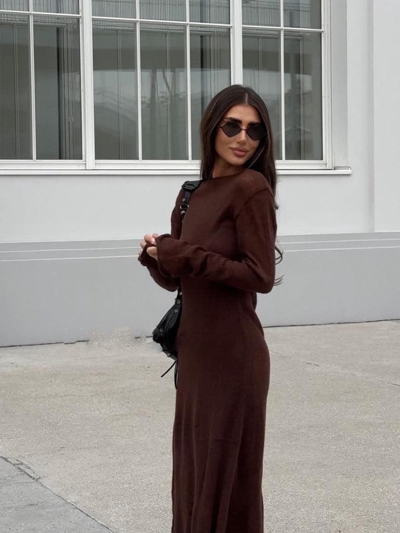 Sheer Knit Maxi Dress Set Long Sleeve Overlay with Slip