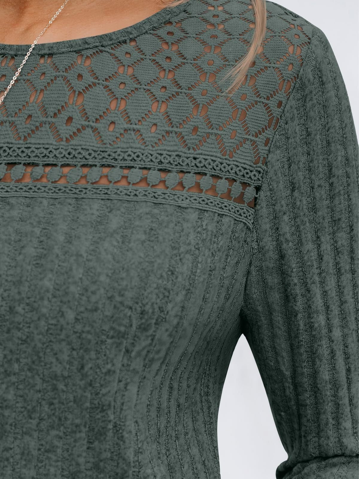 Ribbed Knit Pullover with Lace Panel Long Sleeves