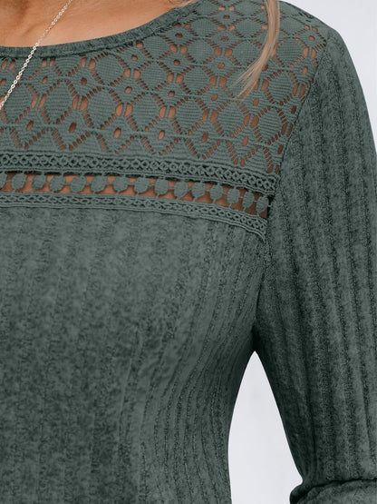 Ribbed Knit Pullover with Lace Panel Long Sleeves