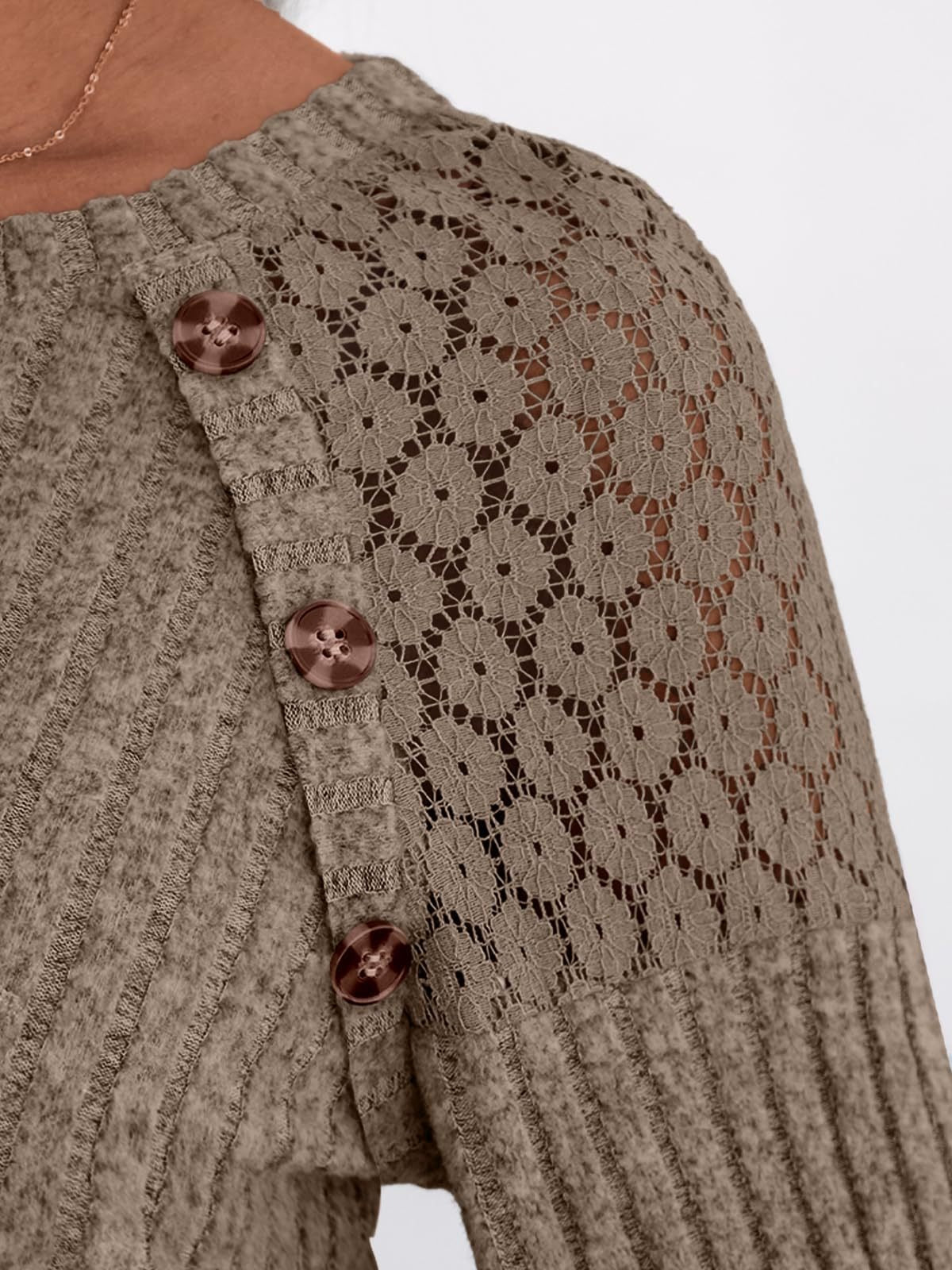 Solid Ribbed Knit Button Pullover with Lace & Buttons