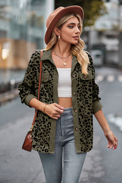 Leopard Print Corduroy Button Down Oversized Shirt Jacket