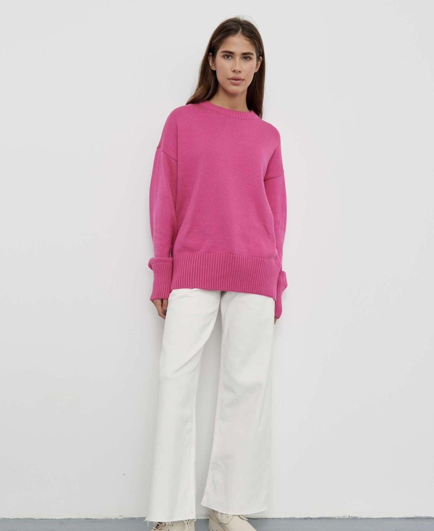 Cozy Solid Crewneck Knit Sweater for Women Fall Winter