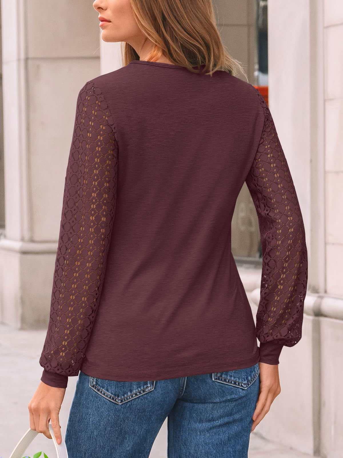 Lace Sleeve Patchwork Knit Pullover Top for Women
