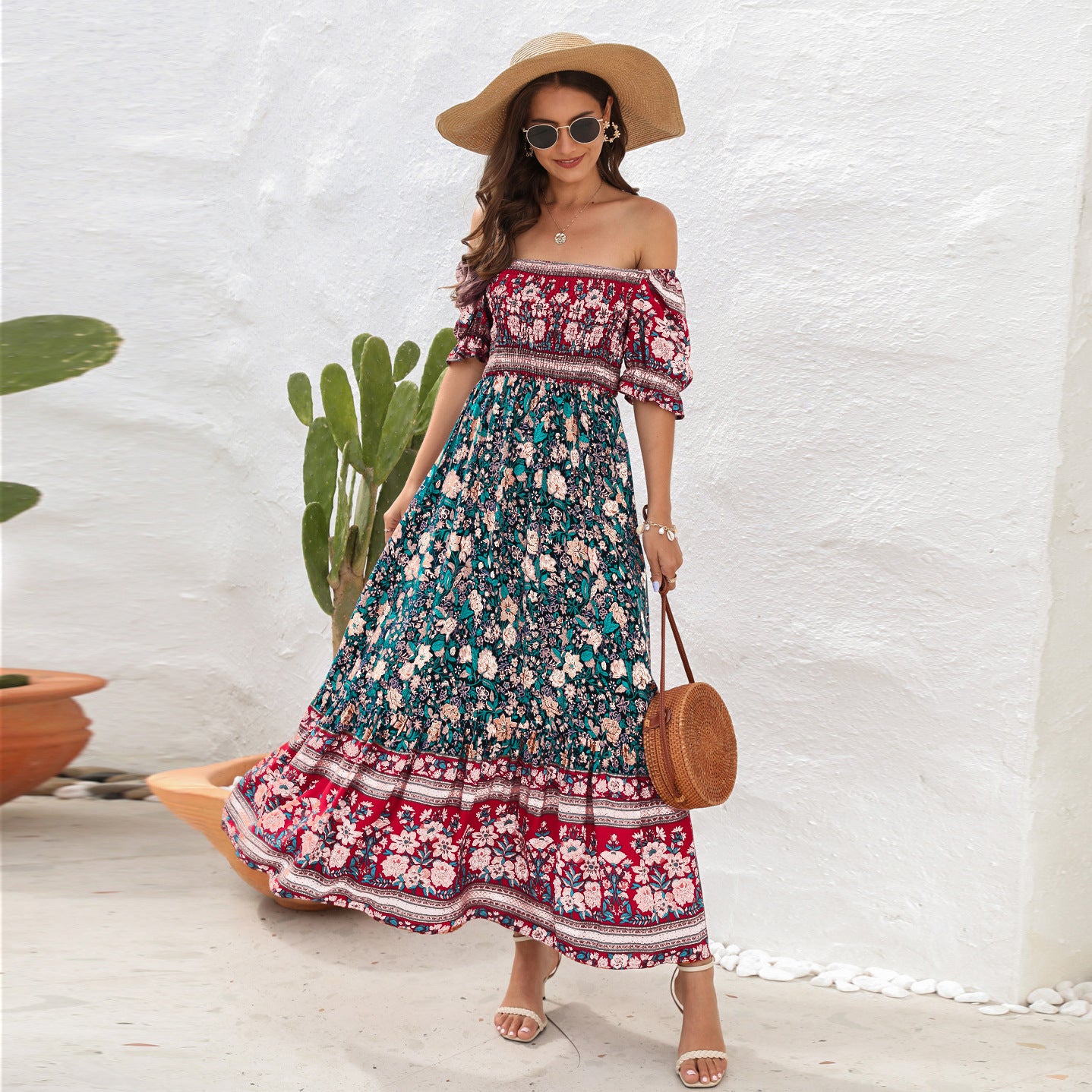 Women's Off Shoulder Midi Dress Floral Short Sleeve A Line Casual Beach Vacation Dresses