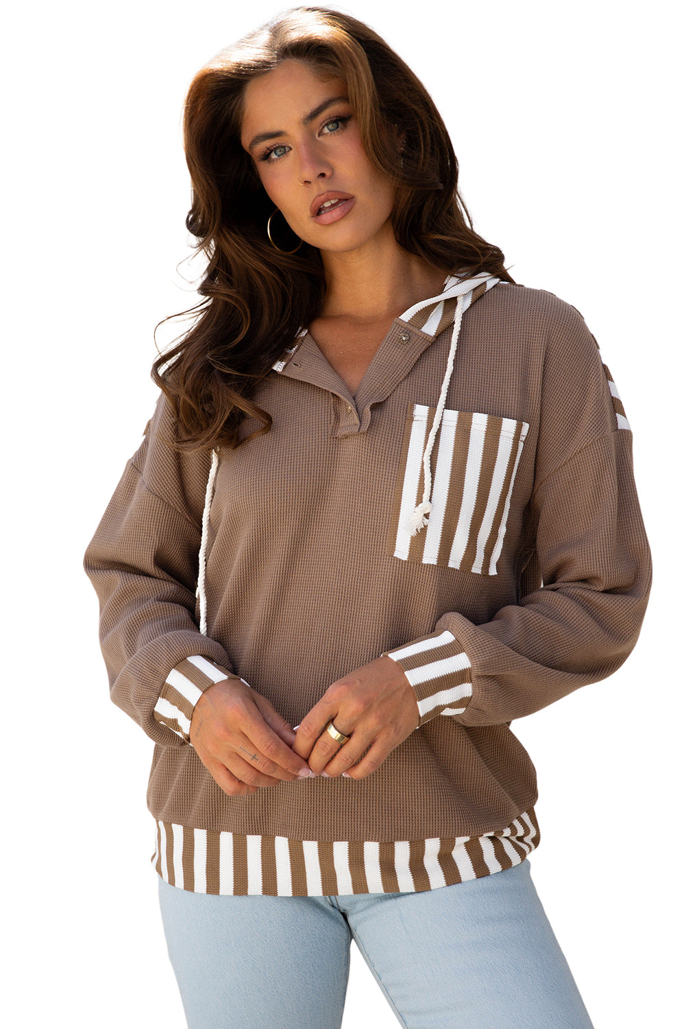 Striped Patchwork Button Neck Drawstring Hoodie with Waffle Texture