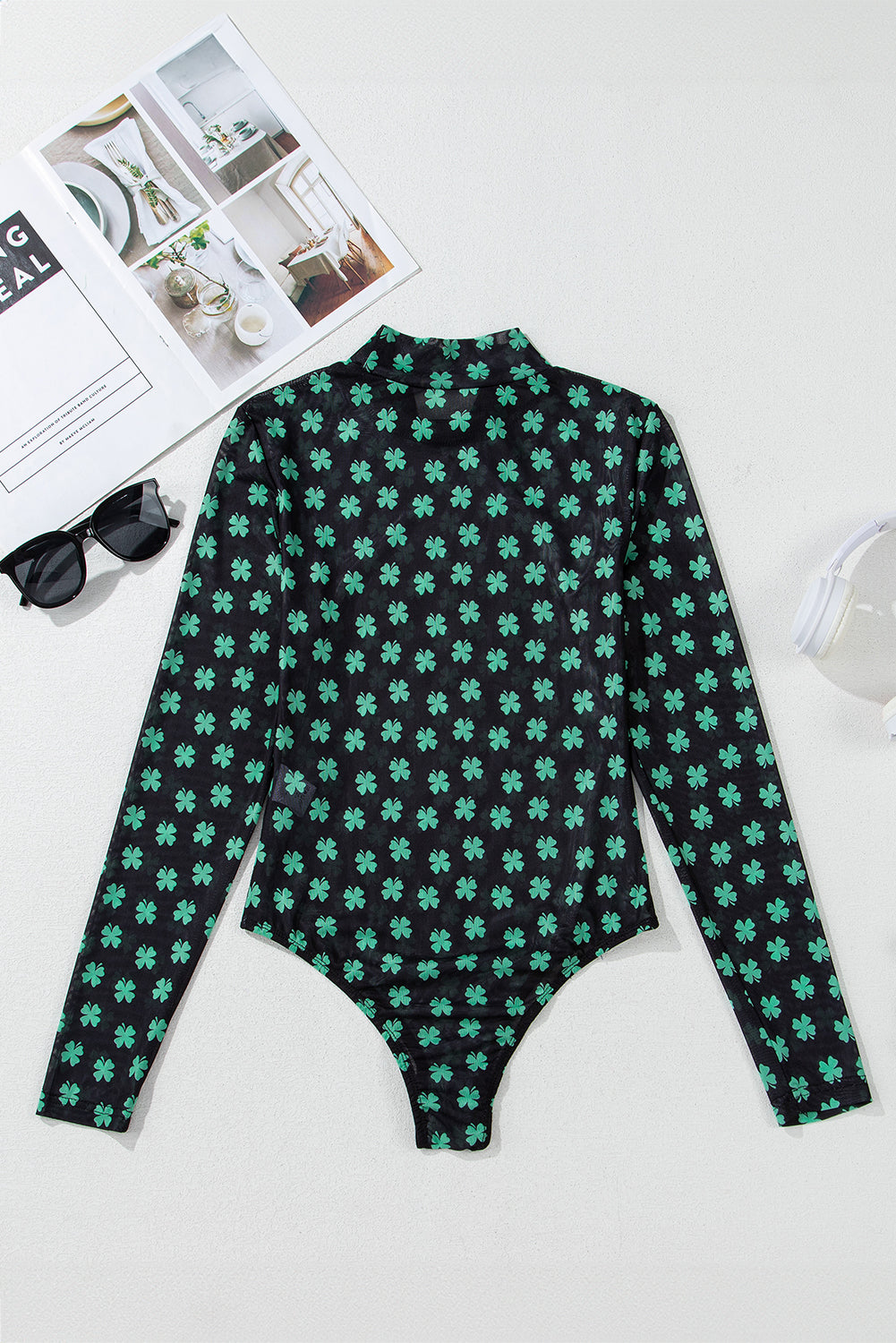 St. Patrick’s Day Shamrock Print Mesh Long Sleeve Bodysuit