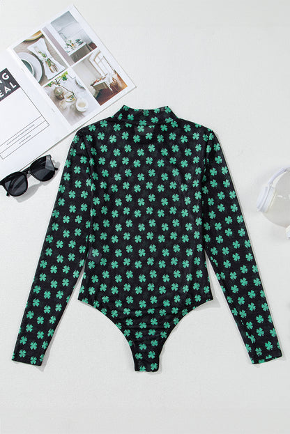 St. Patrick’s Day Shamrock Print Mesh Long Sleeve Bodysuit