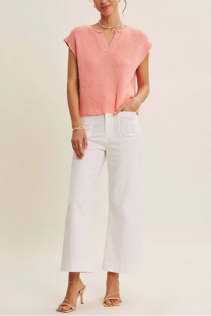 Slub Knit Split Neck Relaxed Short Sleeve Sweater Top