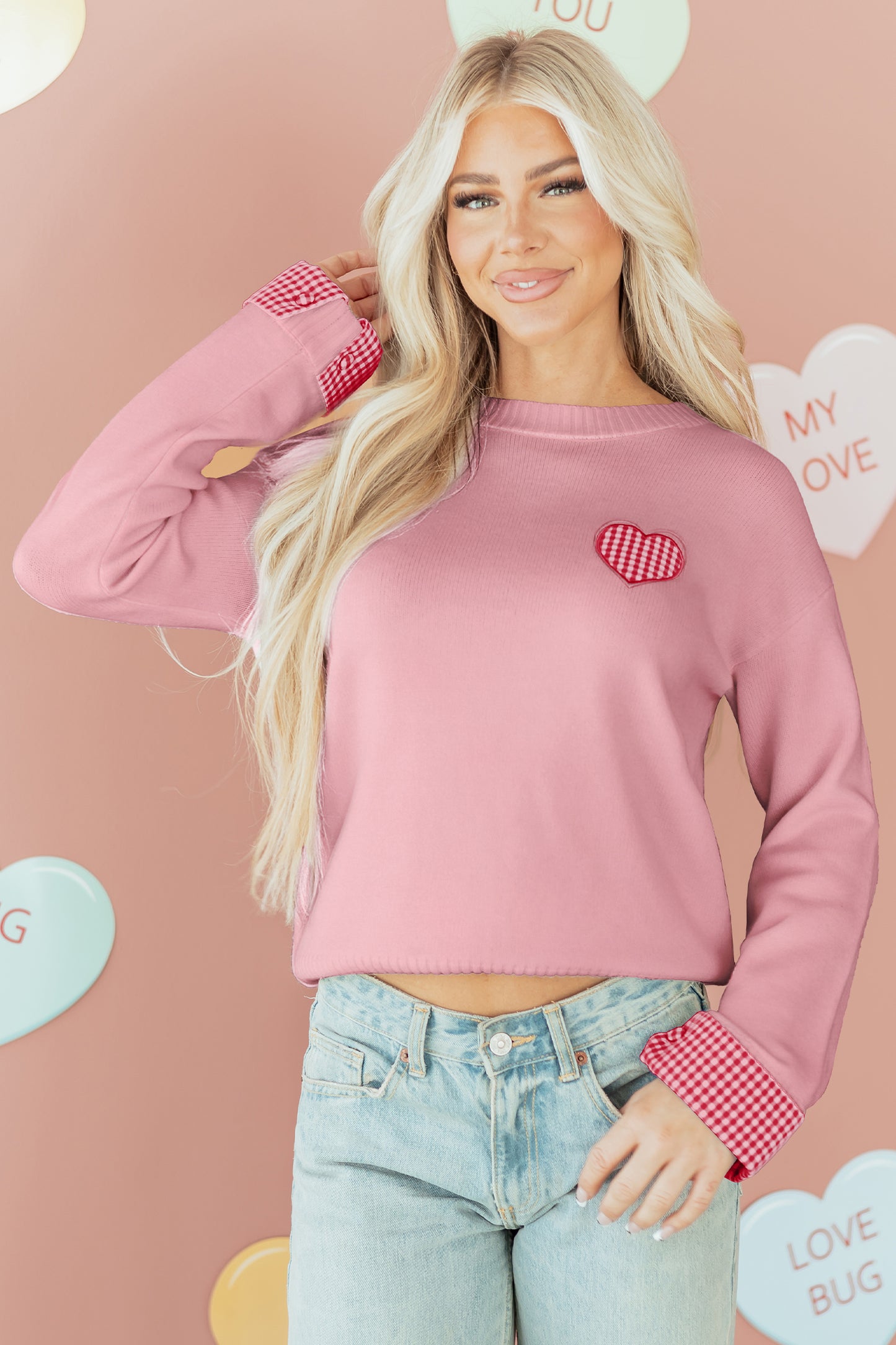 Valentine’s Day Light Pink Plaid Heart Crewneck Sweater