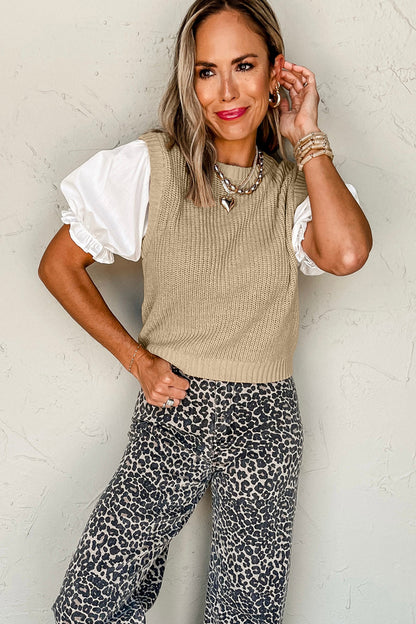 Light French Beige Contrast Short Sleeve Patchwork Sweater