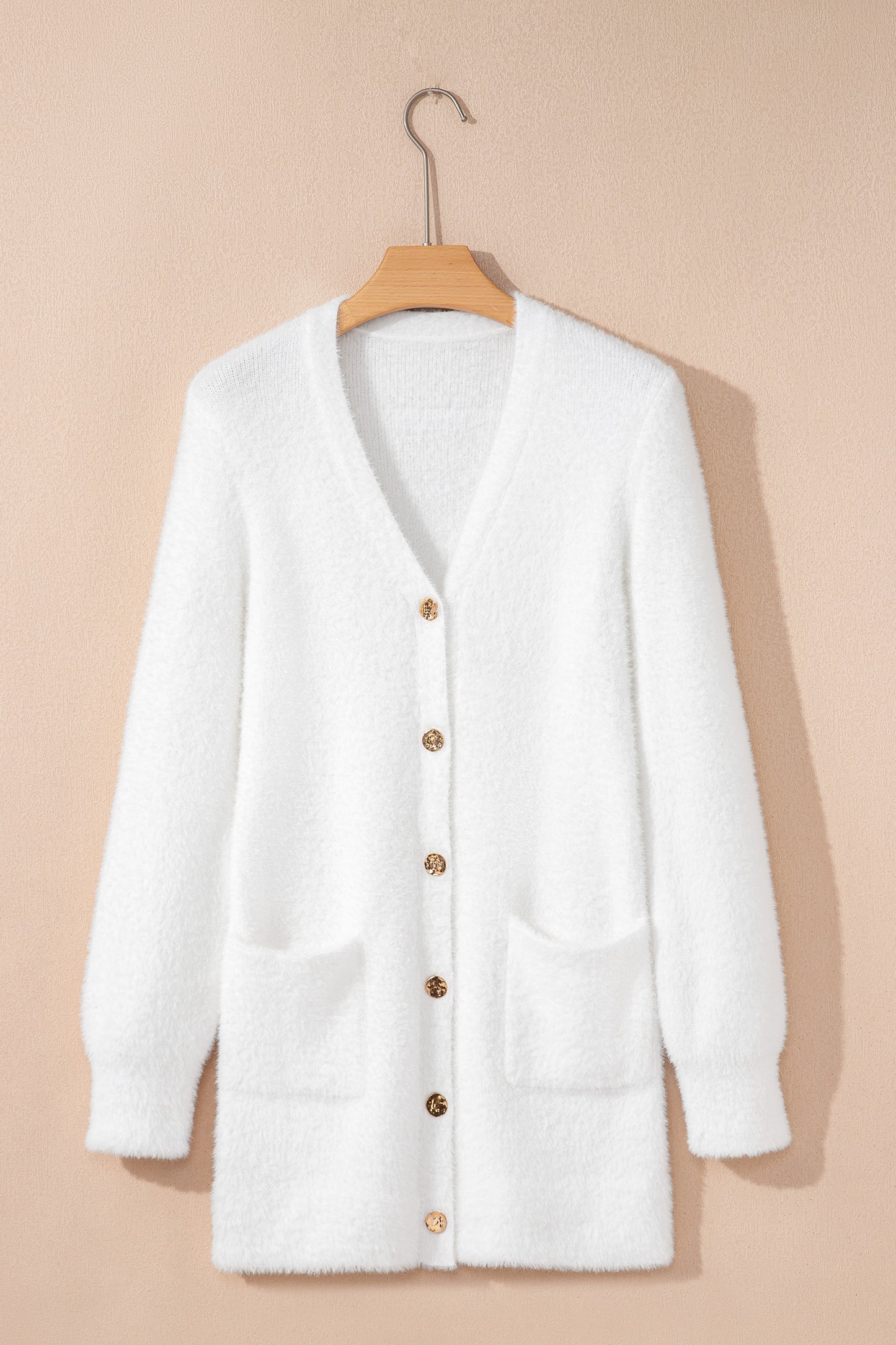 Soft Fuzzy Button Front Long Knit Cardigan with Pockets
