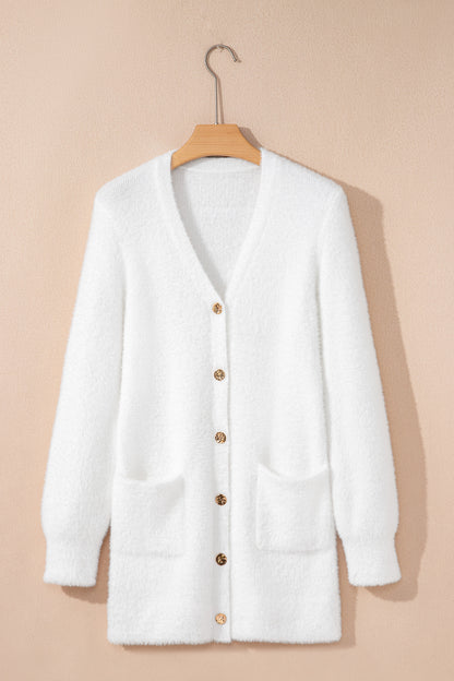 Soft Fuzzy Button Front Long Knit Cardigan with Pockets