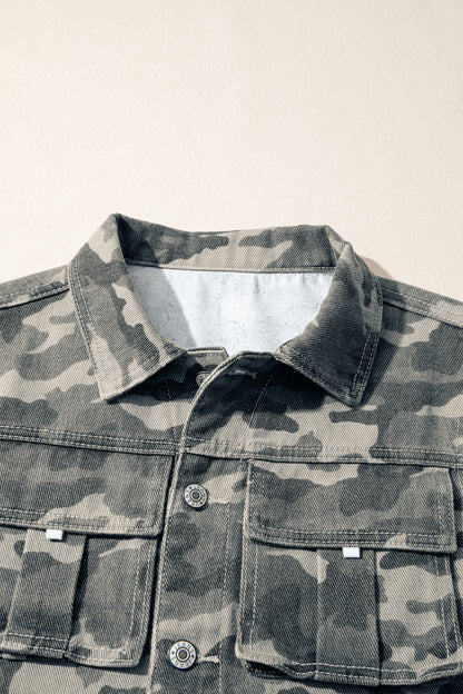 Camo Cargo Button Down Denim Vest with Utility Pockets