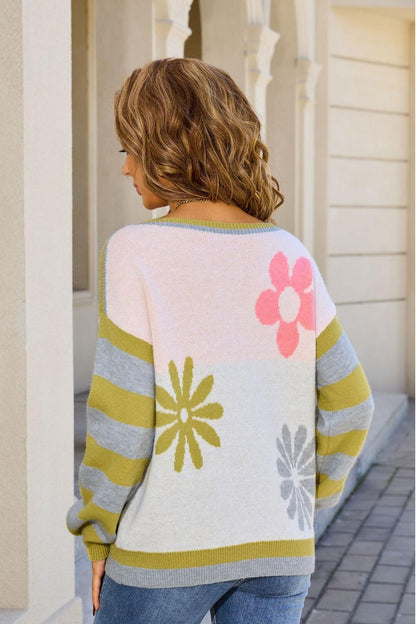2025 Fall/Winter Plus Size Floral Stripe Crew Neck Sweater