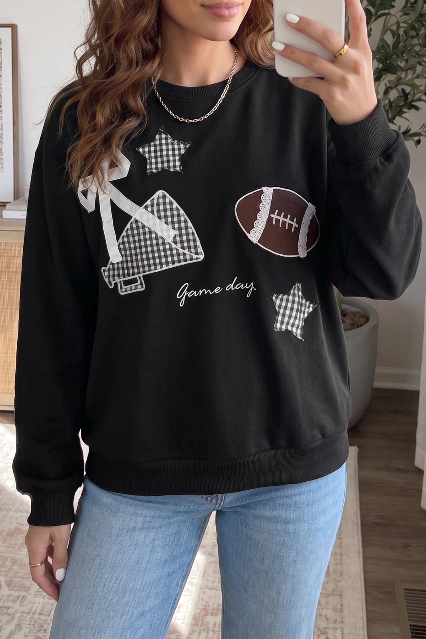 Gingham Patch Football Game Day Crew Neck Sweatshirt