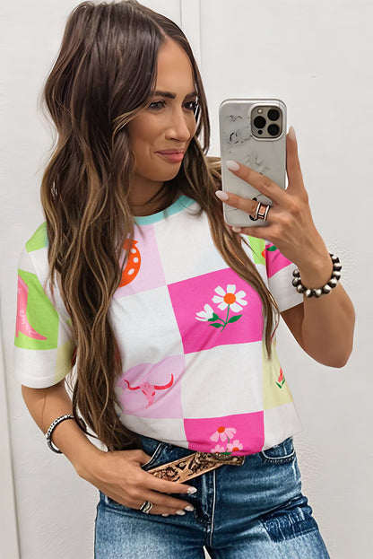 Women Color Block Patchwork Graphic T Shirt