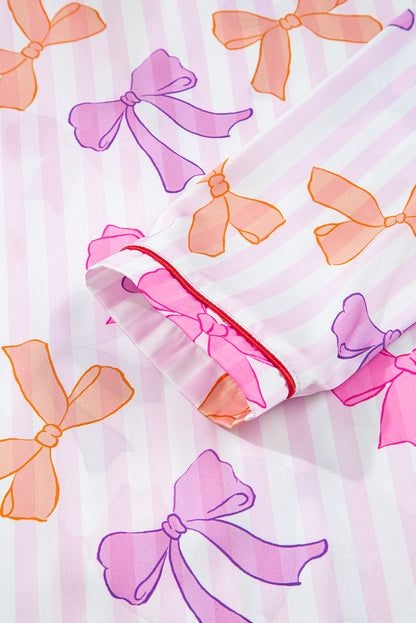 Pink Striped Bow Print Contrast Trim Pajama Set