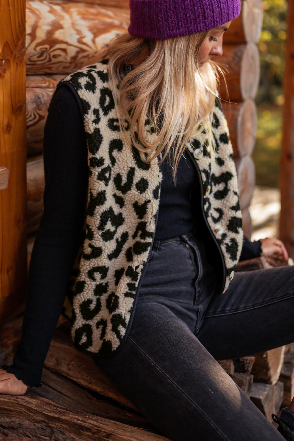 Black Leopard Print Sherpa Vest Coat