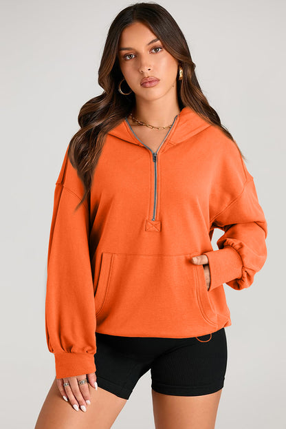 Solid Kangaroo Pocket Half Zipper Oversized Hoodie