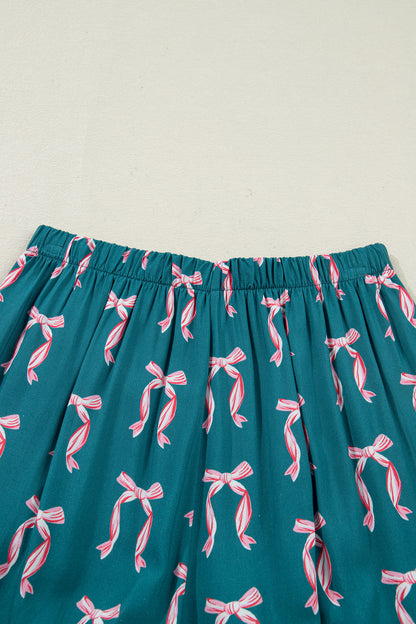 Green Bow Satin Pajama Set for Valentine Long Sleeve/Shorts