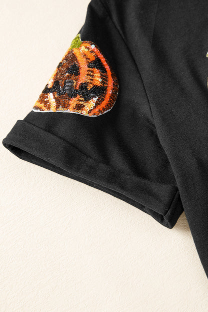 Women's Black Sequin Pumpkin Halloween T-Shirt