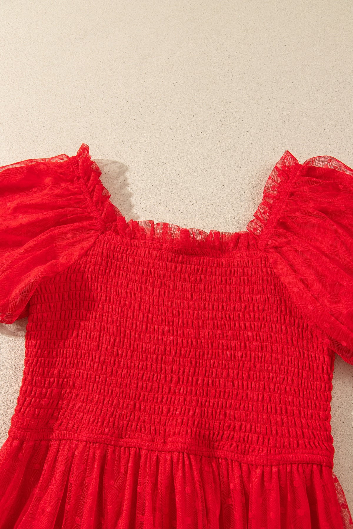 Fiery Red Tiered Tulle Smocked Bodice Puff Sleeve Dress