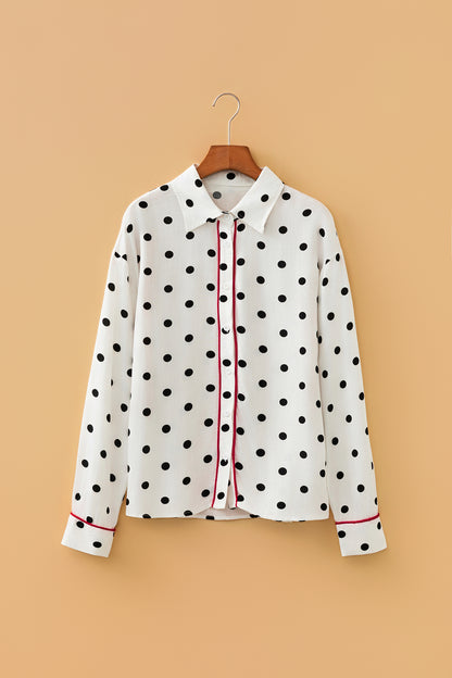 White Polka Dot Contrast Trim Button Up Blouse